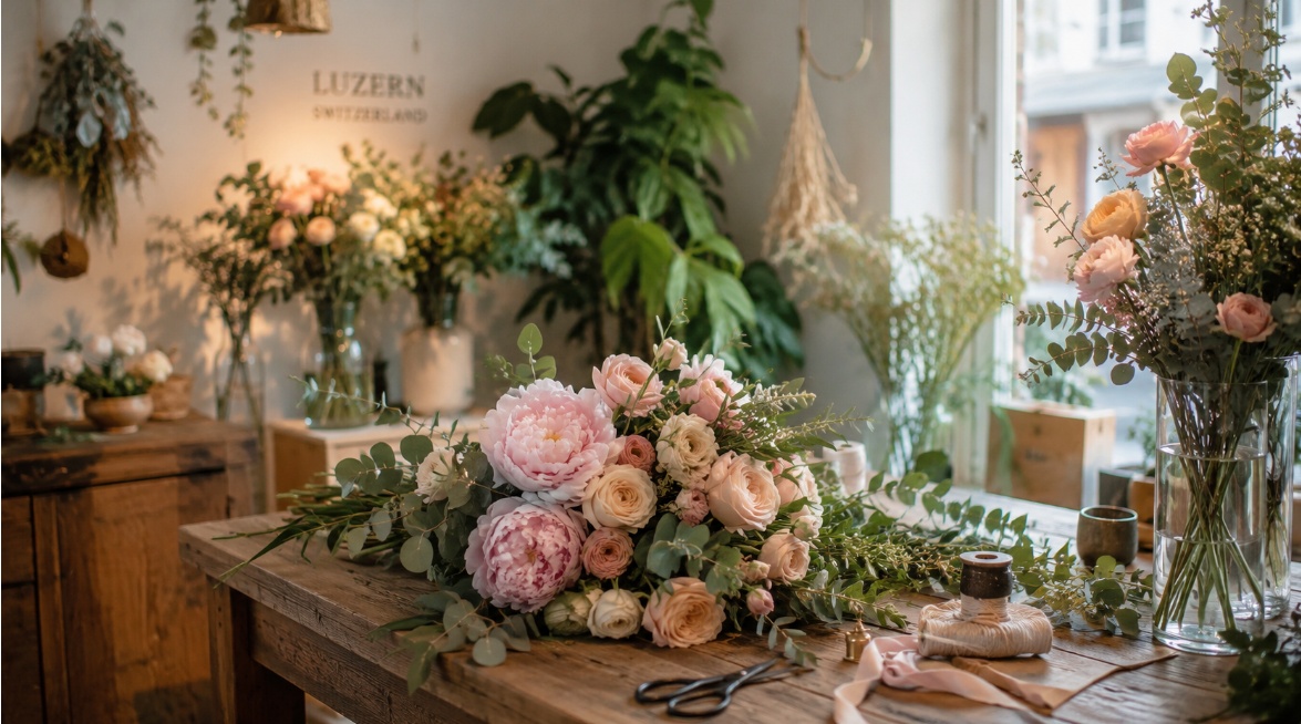 Blumenatelier FLEUR & FARN von innen — frische saisonale Blumen auf dem Werkstattisch